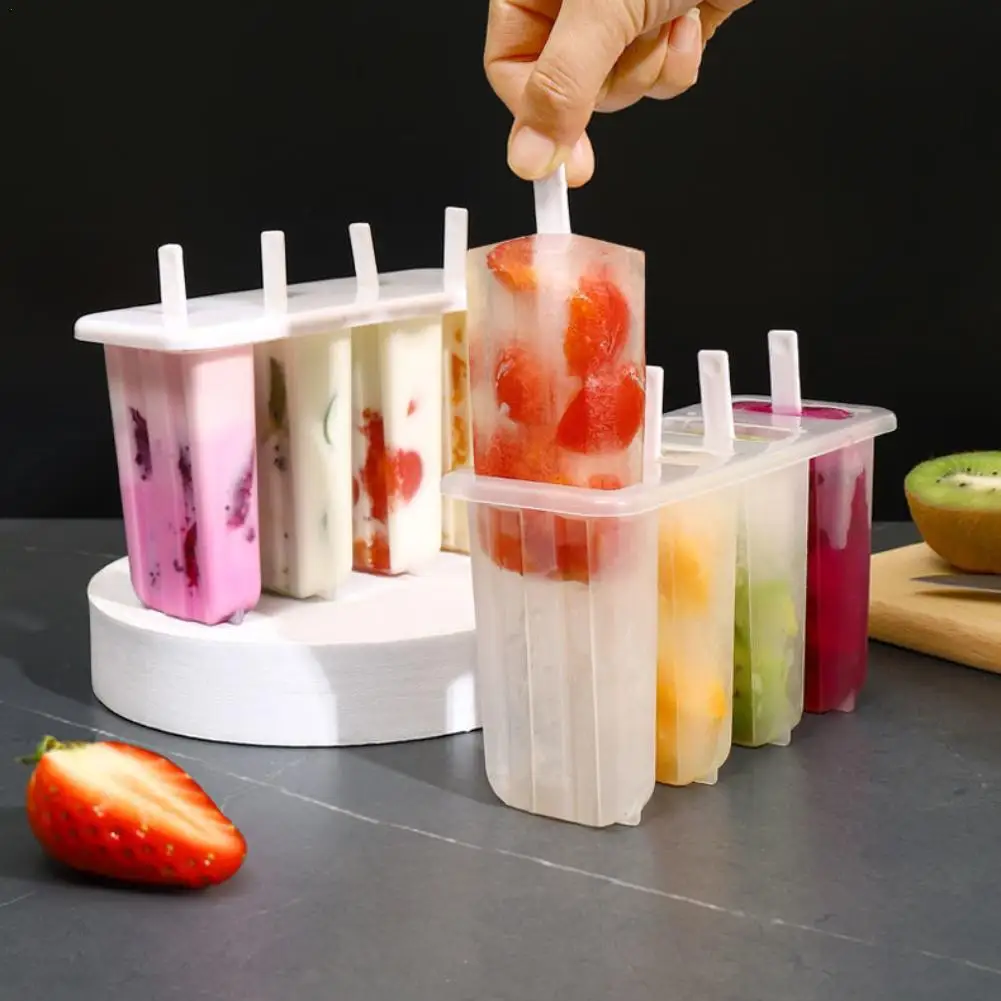 4-Cell Ice Cream Popsicle Mold DIY DIY Handmade Ice Cream Mold With Lid Summer Children Ice-lolly Mold Ice Tray Kitchen Gadgets