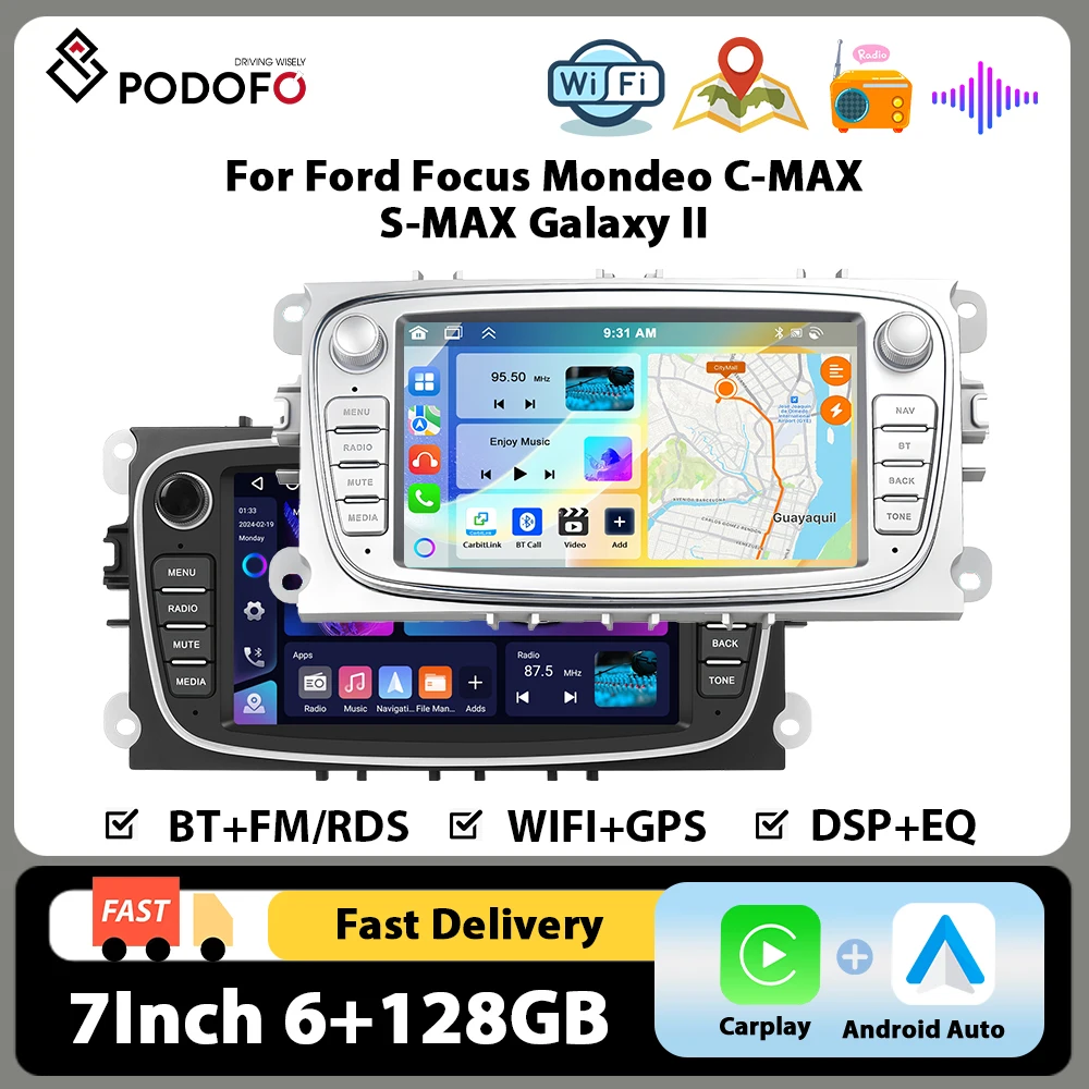 Autoradio Podofo 7'' 6+128G pour Ford Focus Mondeo C-MAX S-MAX Galaxy II Radio multimédia 4 cœurs WIFI Carplay Android Auto