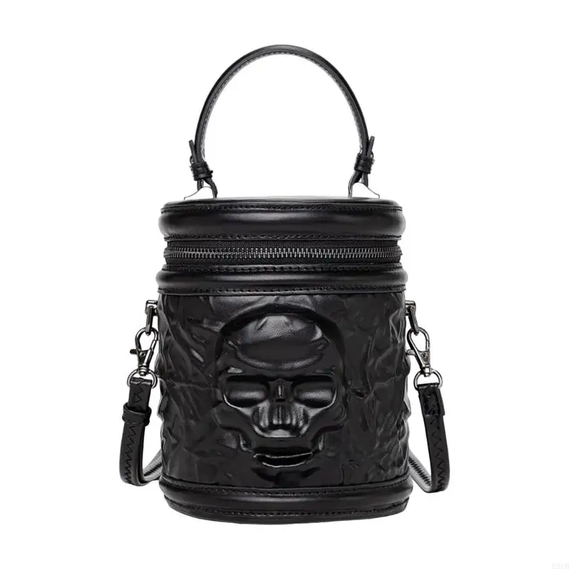 

E8FB Women Shoulder Bag Skull Head Crossbody Bag Retro Bag PU Leather Handbag Gothic Cylinder Bag for Travel