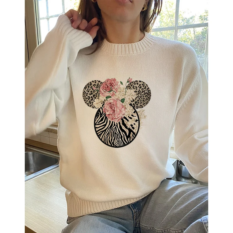 Mickey Minnie Women's Top Casual Crew Neck Fall/Winter Knitwear Disney Print Cartoon Women's Clothing Y2k Sweater White