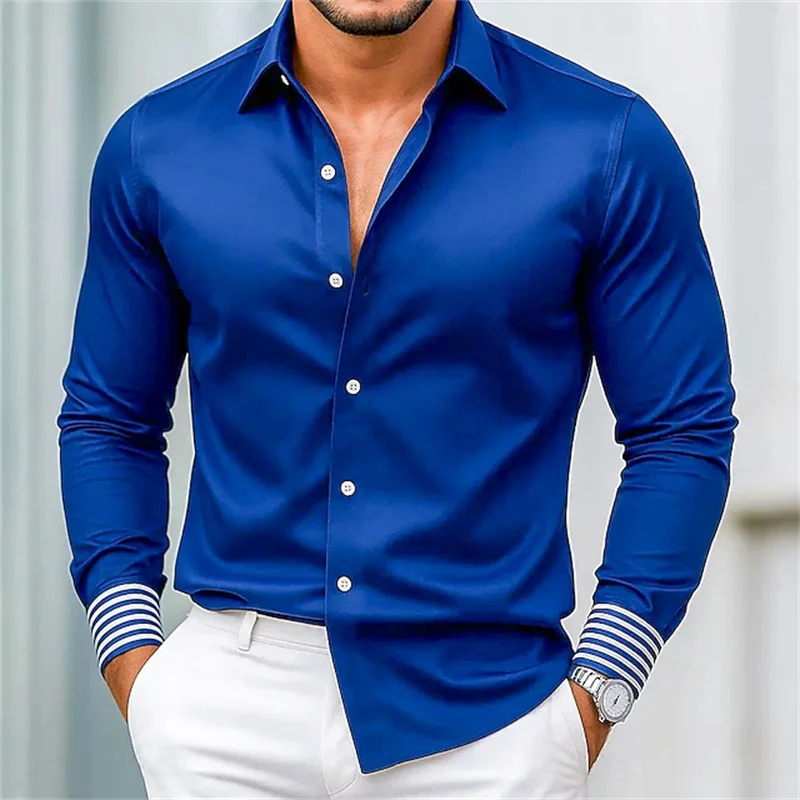 2026 New Men's Casual Prom Solid Color Shirt Formal Wedding Long Sleeve Lapel Shirt Black Wine Red Navy Blue Royal Blue