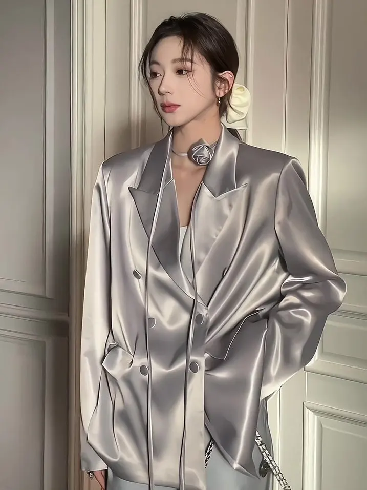 

Long Blazers Woman Spring Classic Office Lady Notched Collar Double-Breasted Slim-Fit Elegant Solid Color Outerwear Stylish