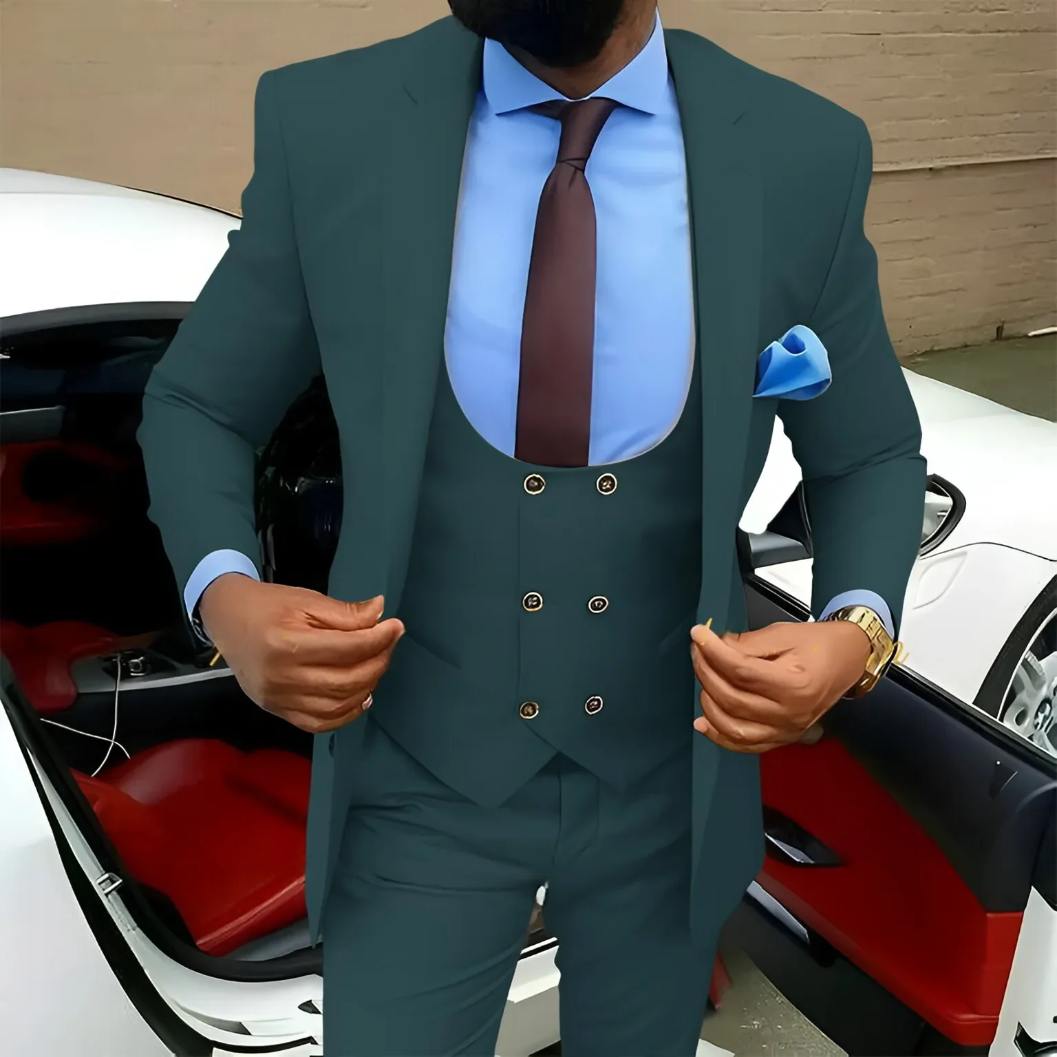 Traje de 3 piezas para hombre, chaqueta marrón dorada, chaleco, pantalones, conjunto ajustado, ropa Formal elegante para fiesta