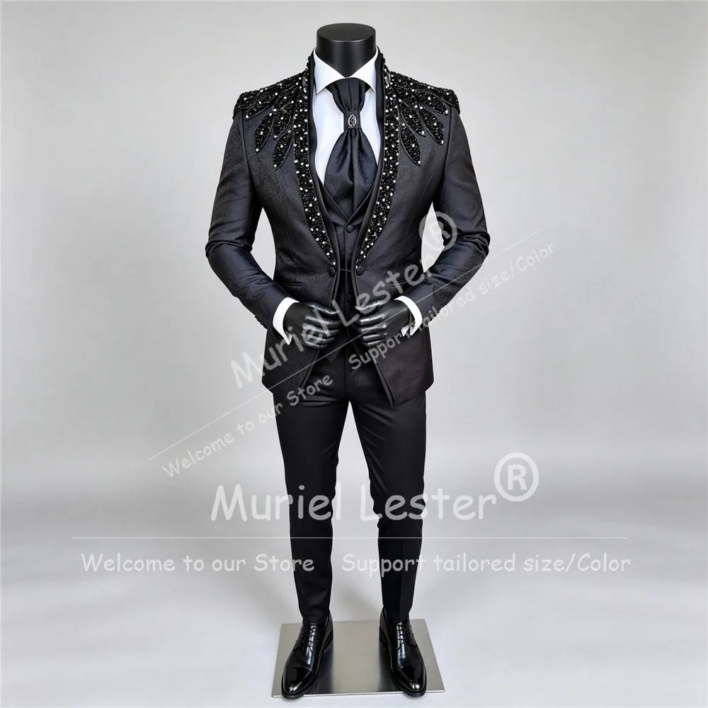 Italian Design Men Suits Set For Wedding Crystals Beaded Jacquard Prom Blazer Customzied 3 Piece Groom Tuxedo Formal Wear Outfit