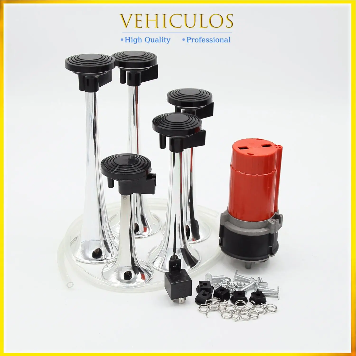 

1set 12V 130DB 20A 5 Chrome Trumpet Musical Air Horn + Compressor Kit Silver Fits For Car Truck Car Speakers Accessories Parts