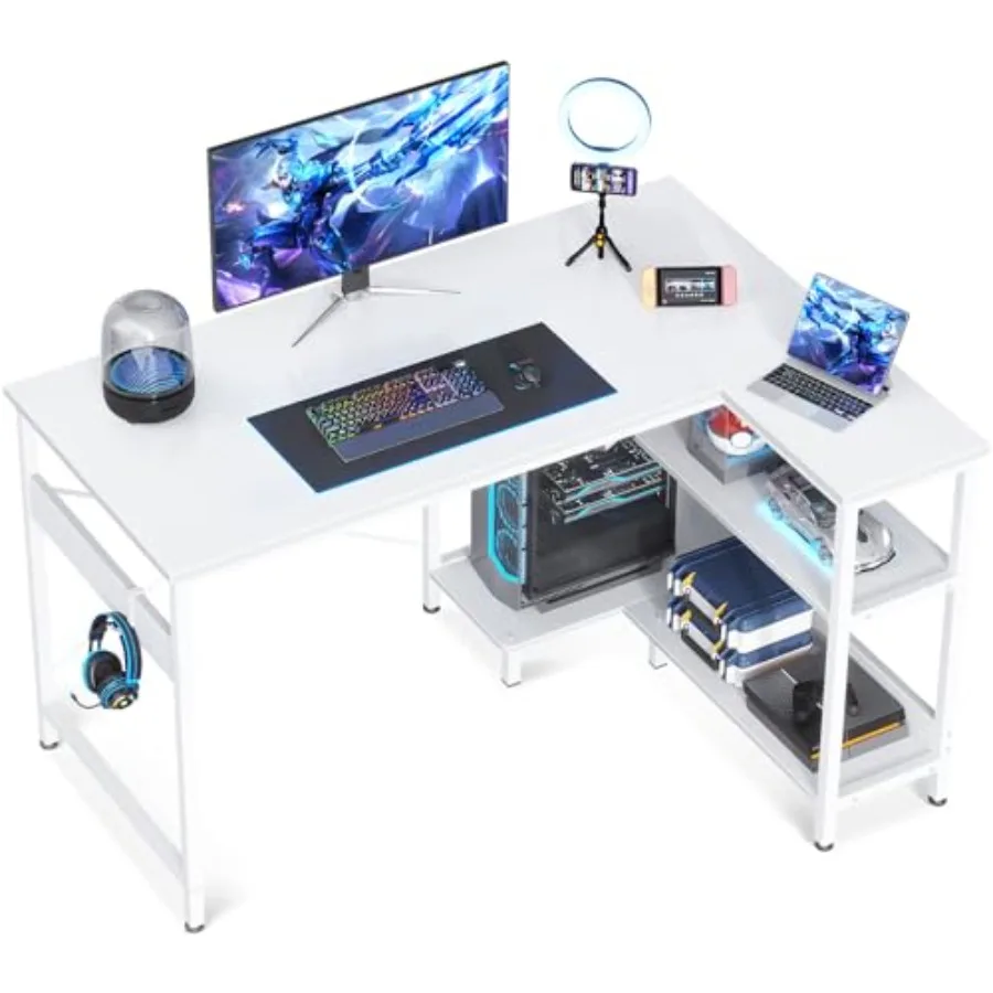 

48 Inch Small L Shaped Computer Desk Corner Desk with Reversible Storage Shelves for Home Office Workstation Modern Simple Writ
