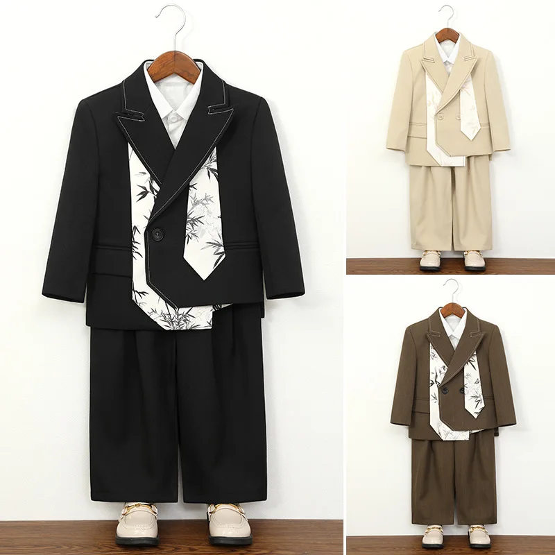 

Детский нарядный костюм для мальчиков в китайском стиле: смокинг для выступлений, свадеб, наряд для мальчика-цветоносца, наряд для малышей на день рождения, одежда для школьных выступлений