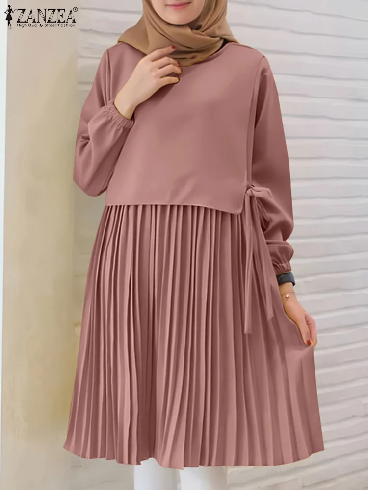 

ZANZEA мусульманские женские шикарные длинные топы, скромные модные хиджабы с длинными рукавами и круглым вырезом, плиссированные подол, блузки с завязками, однотонные туники, исламские