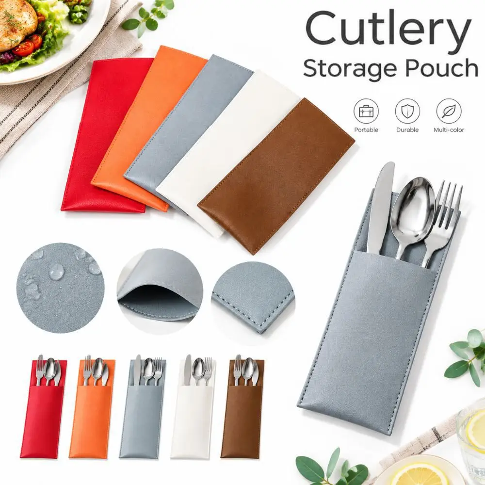 PU Leather Cutlery Storage Pouch Stitched Edges Reusable Silverware Pouch Open Pocket Portable Flatware Storage Sleeve