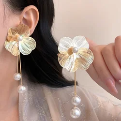 Retro Pearl Tassel Earrings Elegant Geometric Flower Dangle Drop Earrings For Women Girls Statement Wedding Ear Jewelry Gifts