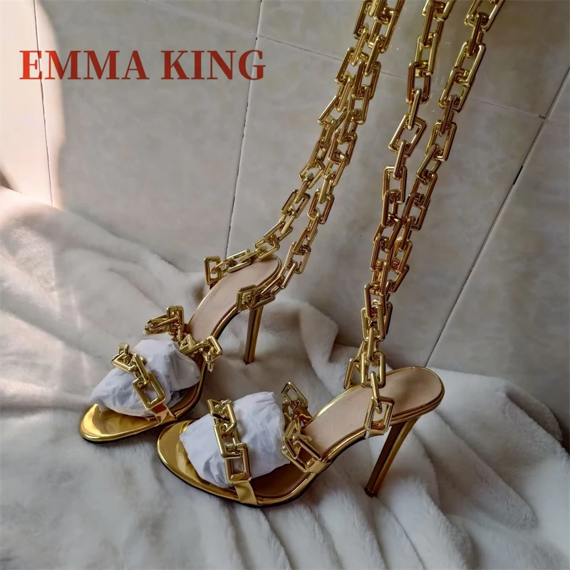 الذهب سلسلة الأشرطة النساء الصنادل عالية الكعب رقيقة الكاحل التفاف الصنادل سلسلة ربط Strappy أحذية موضة فستان الحفلات الصنادل الأحذية #4