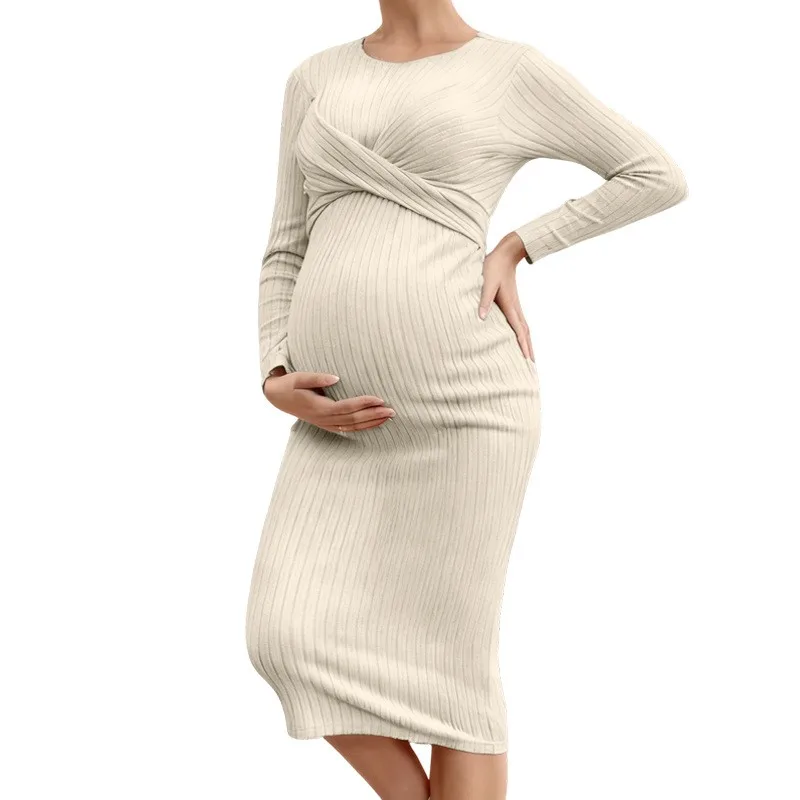 

Maternity Clothing Long Sleeve Dress Cross Front Waist Tie Ribbed Bodycon Pregnancy Dress Autumn Winter Pregnant Woman S-XL
