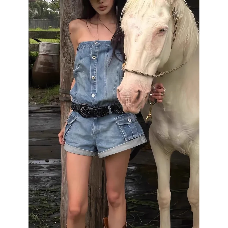 

American Hot Girl Sexy Tube Top Denim Jumpsuit Female Summer New Design Slim Shorts