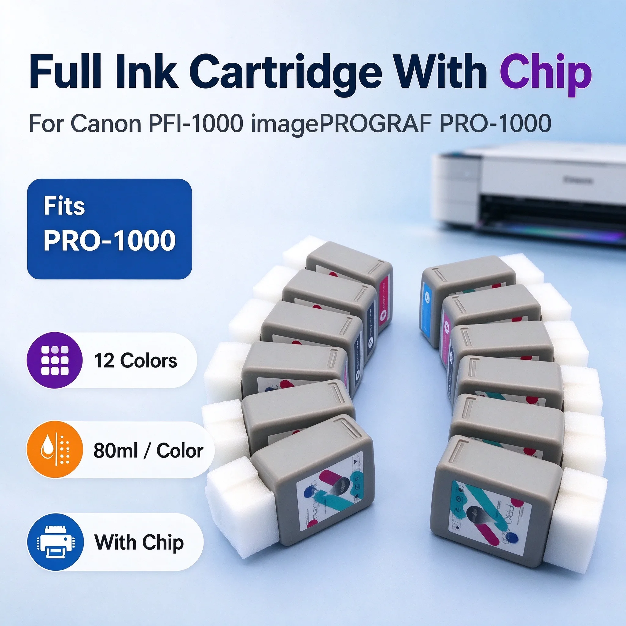 12 Colors PFI-1000 Compatible Ink Cartridge for Canon Pro-1000 80ml High Yield with Chip 12-Color Set