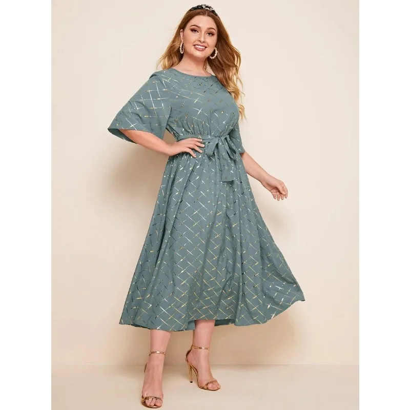 L-5XL Femmes Vêtements D'été Plus La Taille Robes De Mode Demi Manches Col Rond Bandage Noble Élégant Casual A-ligne Midi Robe