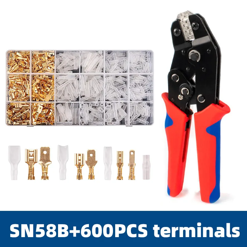 Alicate de Crimpagem com Plugue de Mola Conector de Fio Fêmea e Macho Kit de Sortimento Isolado Elétrico Sn58b com 2.8 4.8 6.3