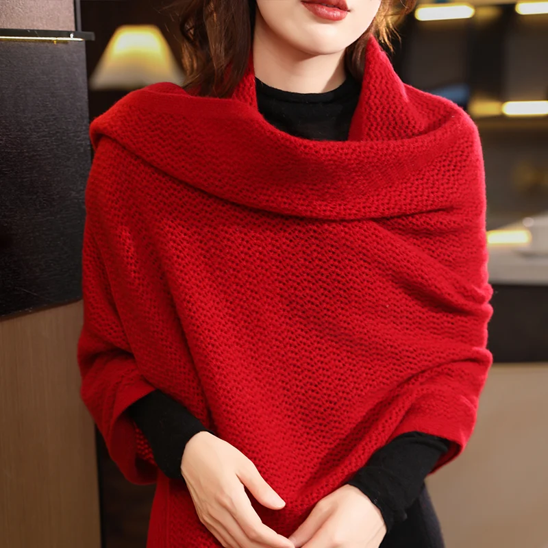 High-End 100% Pure Wool Large Shawl for Women in Autumn and Winter, Multiple Ways to Wear Knitted Cloak, Fashionable Outer Scarf