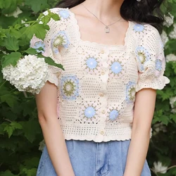 Square Neck Button-up Crochet Top Short Sleeve Granny Square Open-knit Blouse Crop Cardigan for Women Teengirl Fairycore Outfit