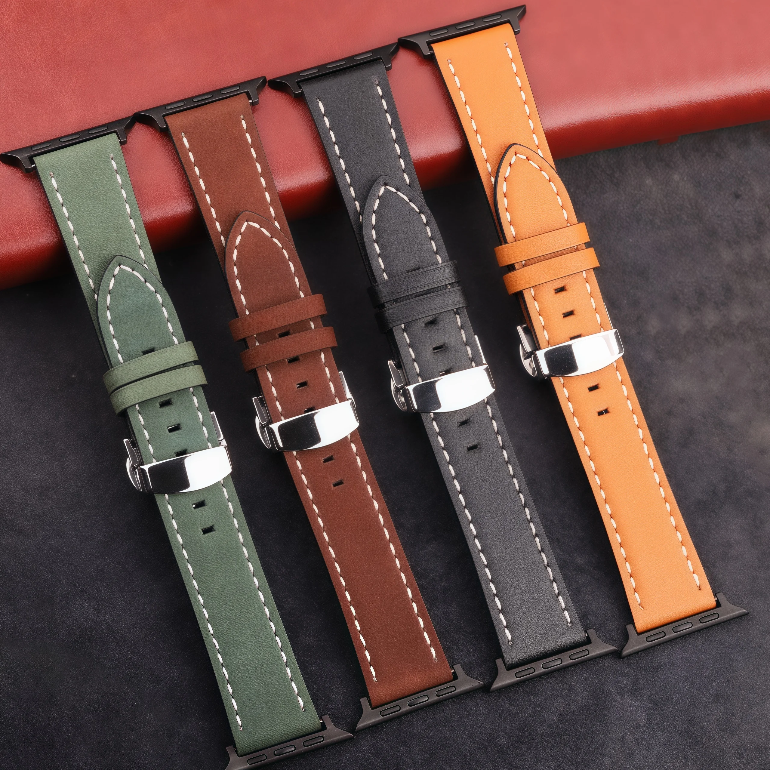 

Leather Strap For Apple Watch Ultra Band 49mm 45mm 41mm 40mm 44mm 42mm Butterfly Clasp Bracelet Iwatch Series 9 8 7 Se 6 5 4 3