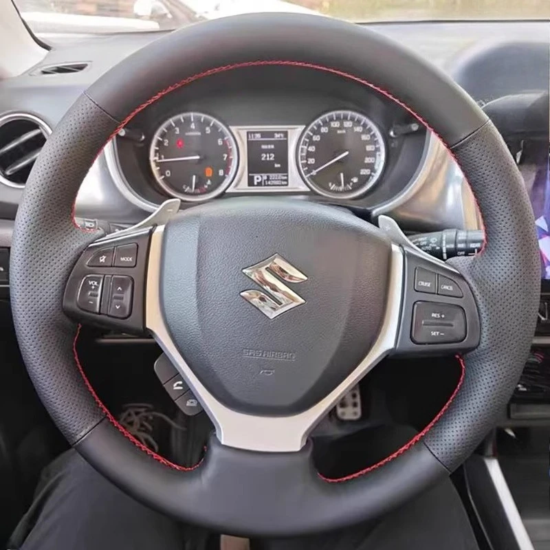 DIY Hand-stitched non-slip Black Genuine Leather Car Steering Wheel Cover For Suzuki Vitara 2019 Escudo LY 4th Gen 2016-2018