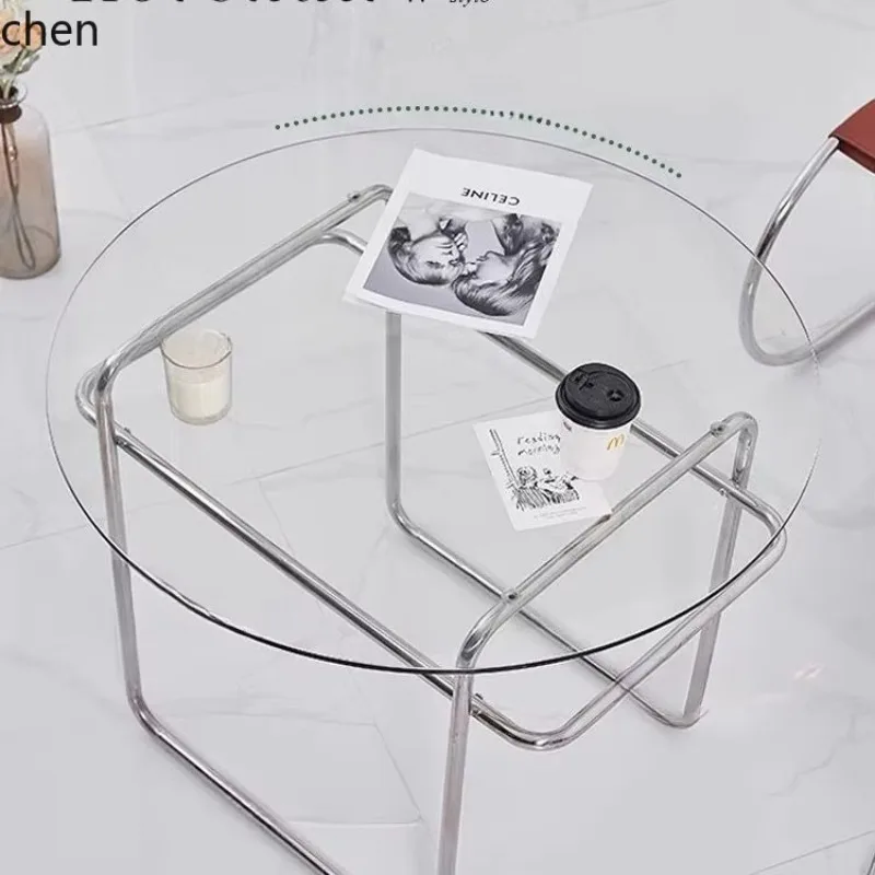 

HYS Steel Round Coffee Table Living Room Sofa Side Table Balcony Modern Simple Glass Coffee Table
