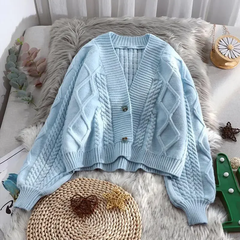 Blue Sleeve Casual Solid V-Neck Knit Thick Single Breasted Women's Cardigan Sweater Cardigan For Women Clothing Spring 2026