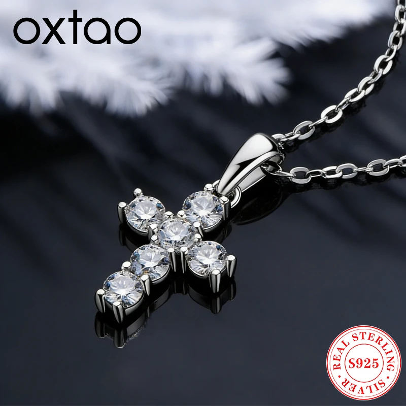 

OXTAO Certified Moissanite Cross Pendant Necklace D Color 3mm for Women Real 925 Sterling Silver Charm Necklace Fine Jewelry