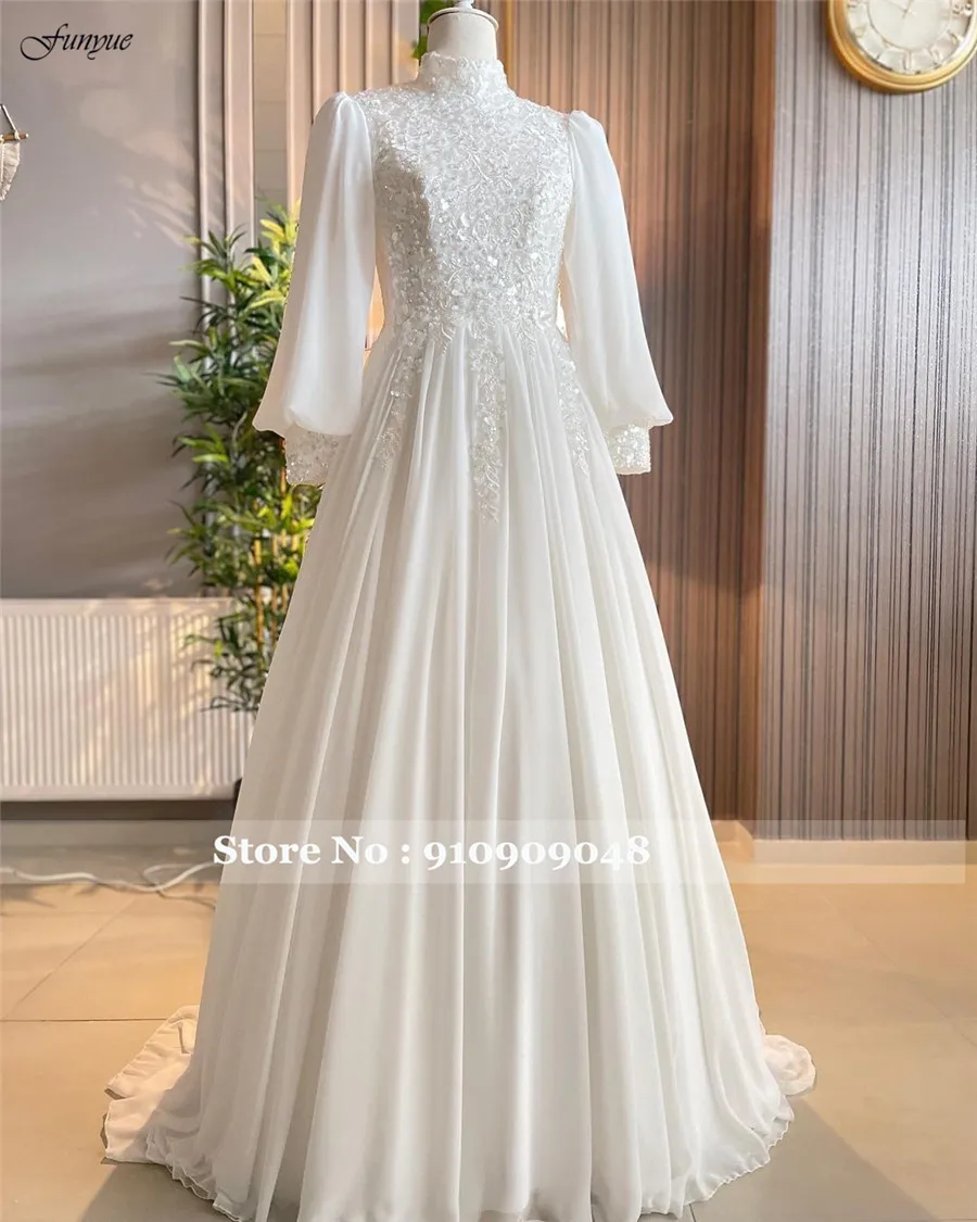 펀유에 우아한 A라인 시폰 무슬림 웨딩드레스 2025 신부 긴팔 아이보리 브라이덜 가운 레이스 비딩 프랑스 로브 드 마리에
