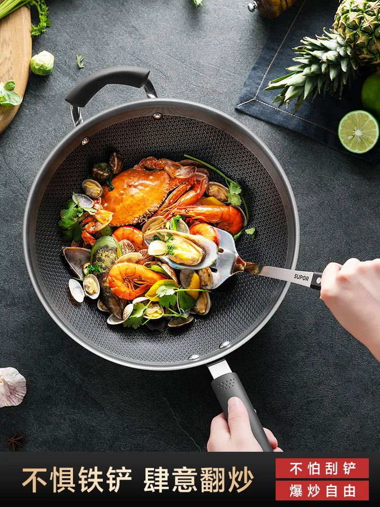 

Antibacterial Stainless Steel Honeycomb Wok Hot Red Dot Non-Stick Pan Frying Pan Household Induction Cooker Gas Iron Pan