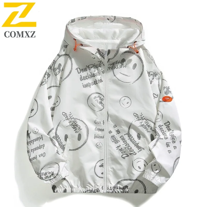 

EiAO windbreaker Smile Print Men Women Trendy Loose Fit Casual Coat Waterproof Windproof Streetwear for Hiking Camping Outdoor