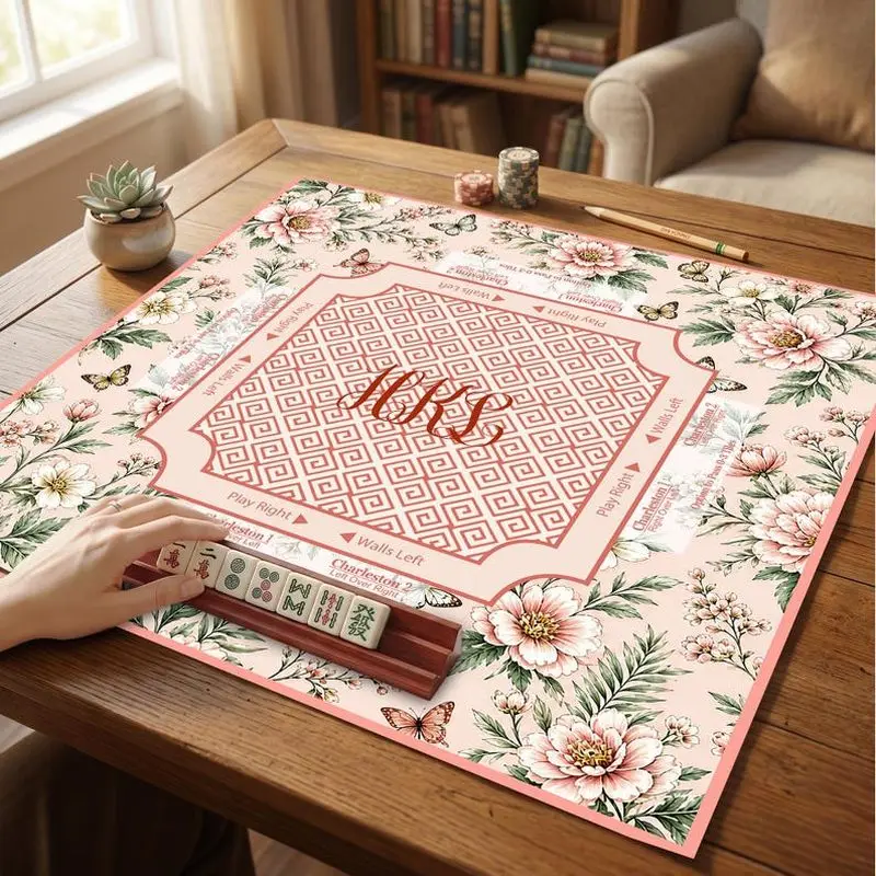 VIKAMA Light Pink Peony Butterfly Mahjong Mat Soft Shock Absorb Zoned Girly Beginner Charleston Mahjong Cover