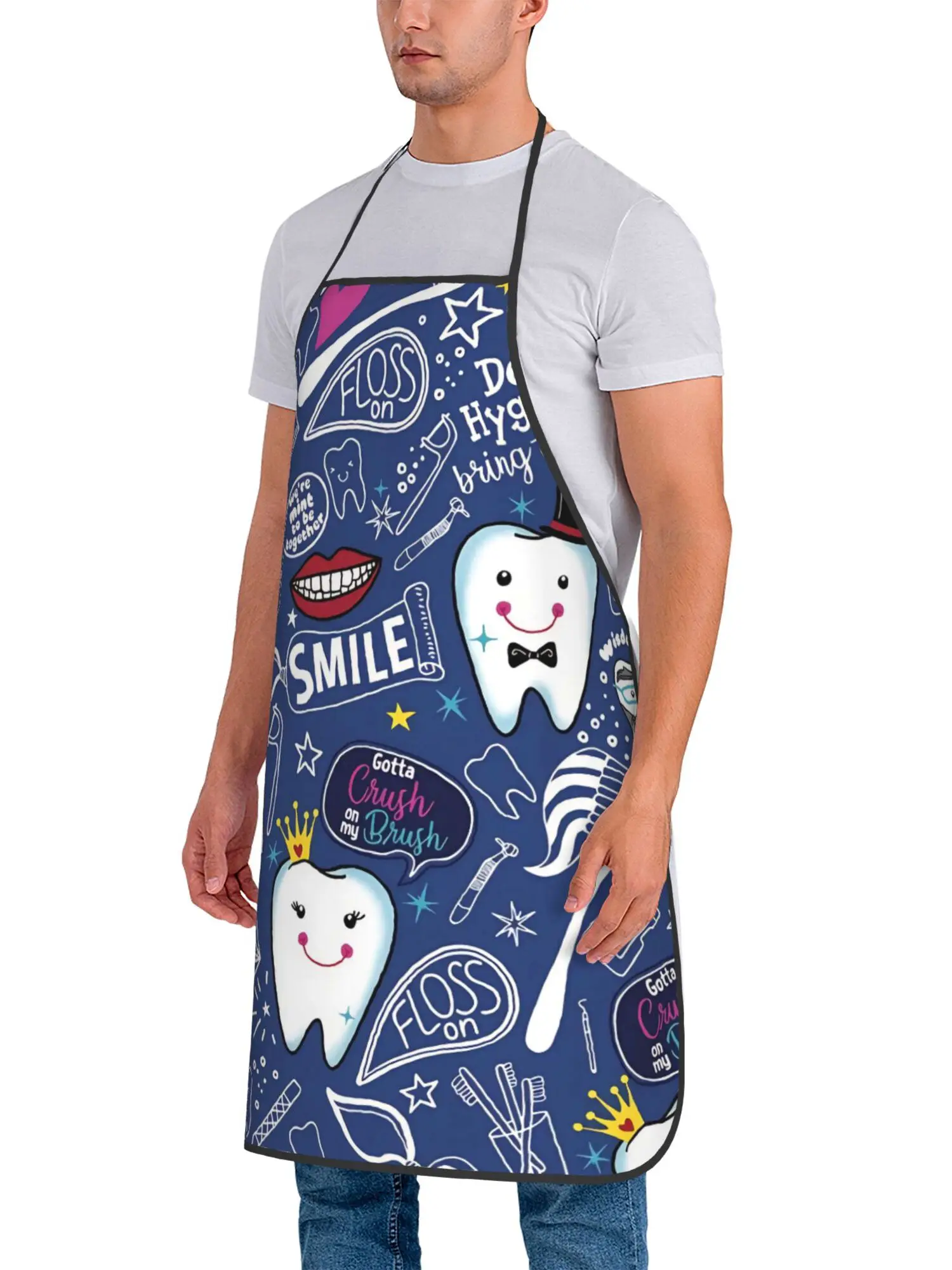 Dental-Themed Apron – Fun Tooth & Smile Print, Cotton-Poly Blend, Unisex for Dentists, Students & Teachers, Hand Washable