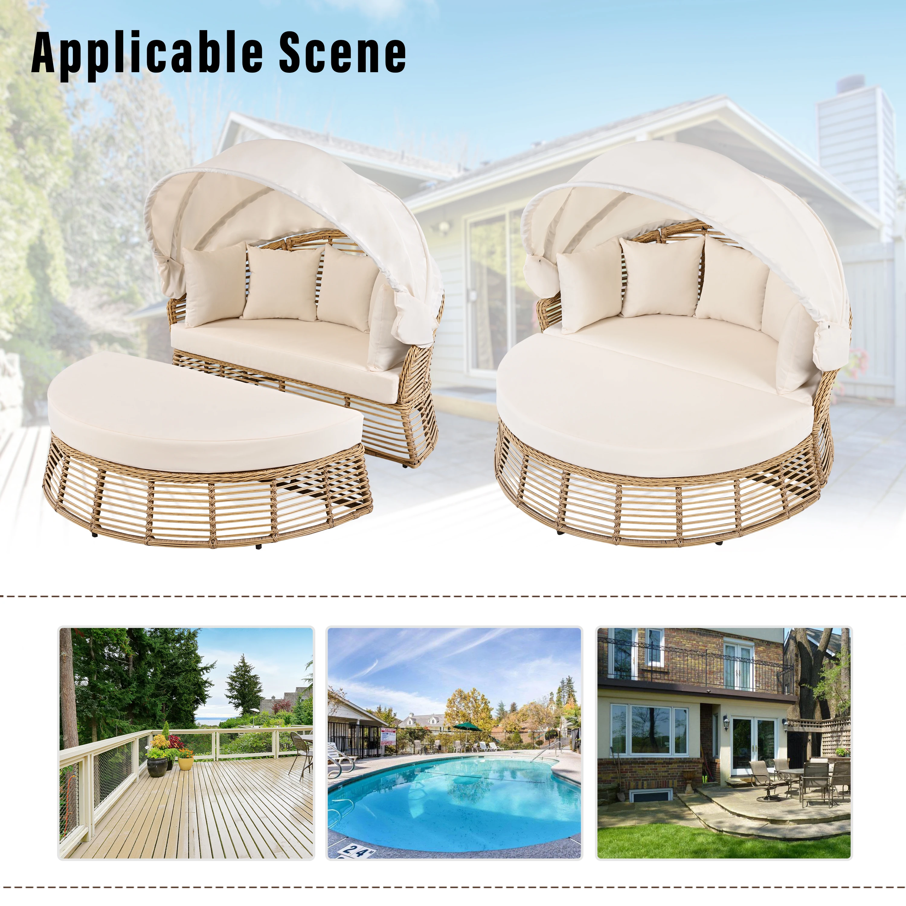 Outdoor Patio Rattan Round Daybed With Retractable Canopy for Back Yard