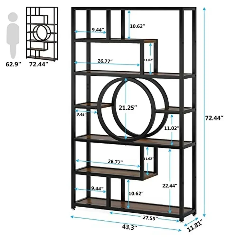 8-Tier Industrial Geometric Bookshelf with 11 Open Shelving Units Retro Brown Metal Frame Display Stand Office Kitchen Living