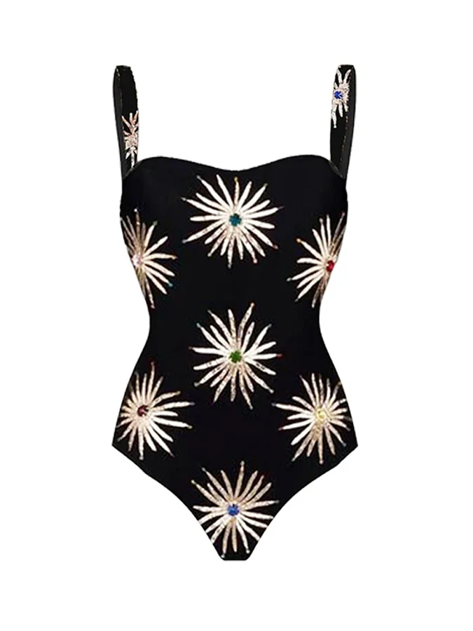 Black Women Firework Print One Piece Bikini Secret God Elegant Slim High Waisted Swimsuit and Long Cover Up 2023