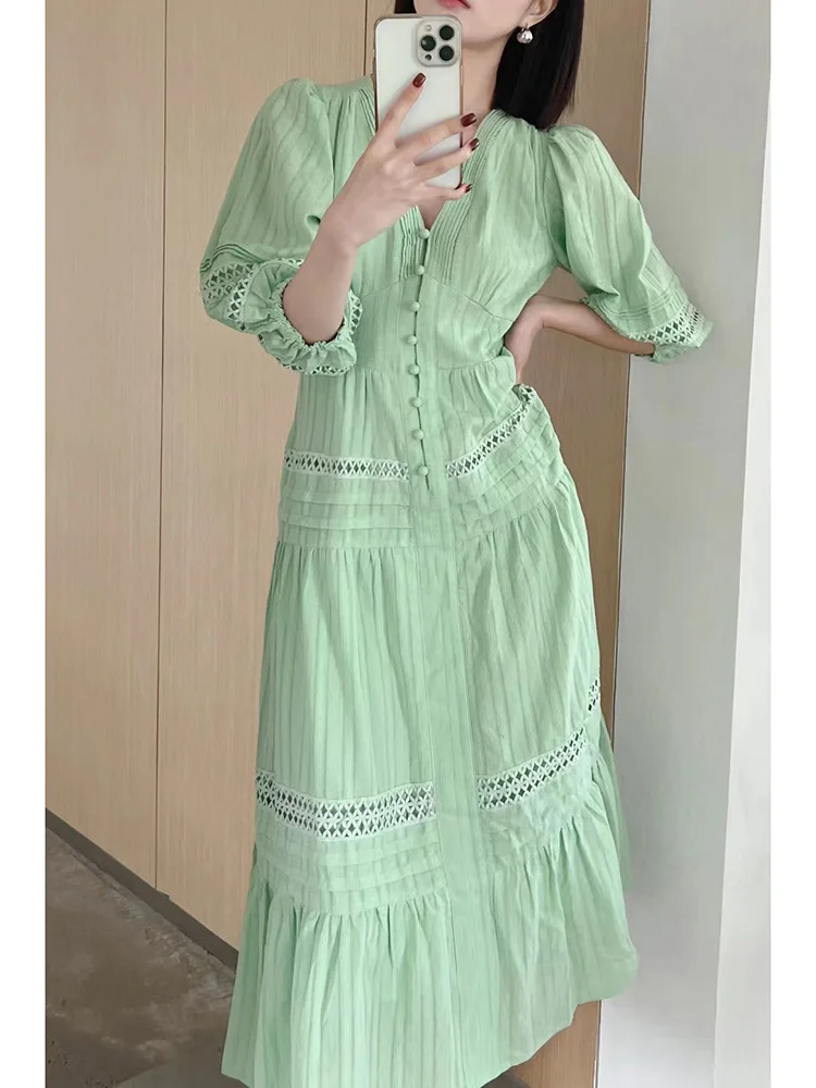 GypsyLady Elegant Chic Tiered Midi Dress Cotton White Blue Green Spring Summer Holiday Women Hollow Out Ladies Dresses Vestidos