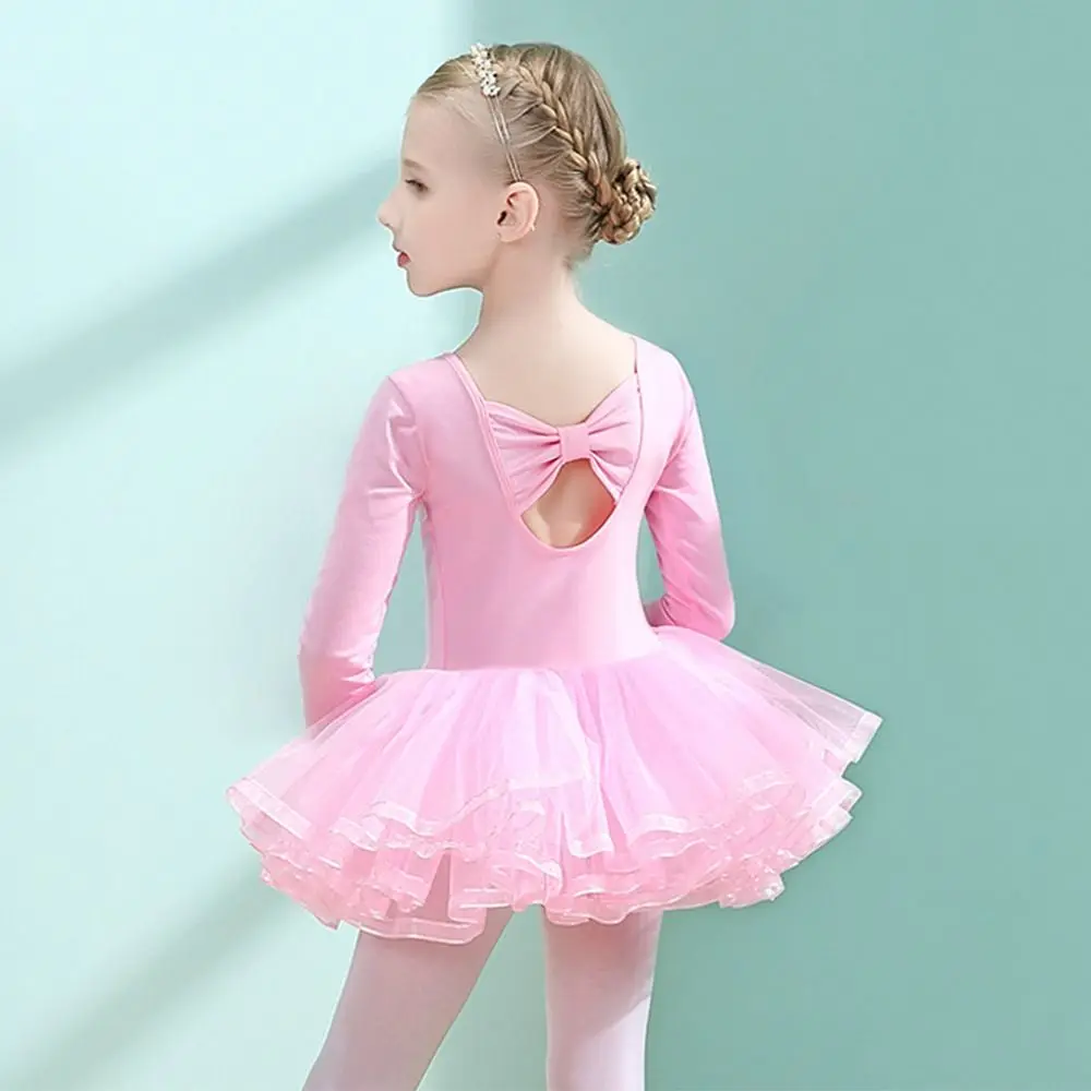 ชุดบัลเลต์เด็กแขนยาวผ้าฝ้ายประดับโบว์ ชุดแสดง ชุดปาร์ตี้ ชุดเต้นฟูฟ่องสำหรับเด็ก