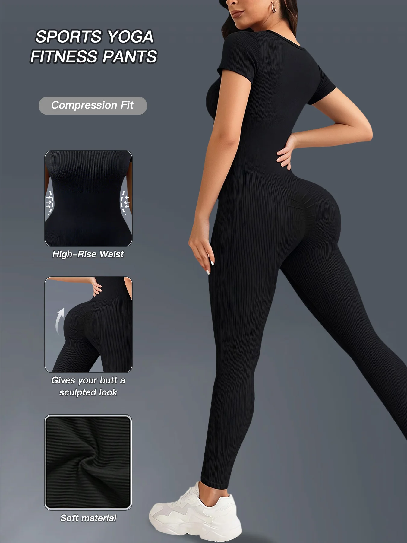 Seamless Ribbed Yoga Jumpsuit Women High Waist Compression Fit Short Sleeve Workout Bodysuit Casual Style