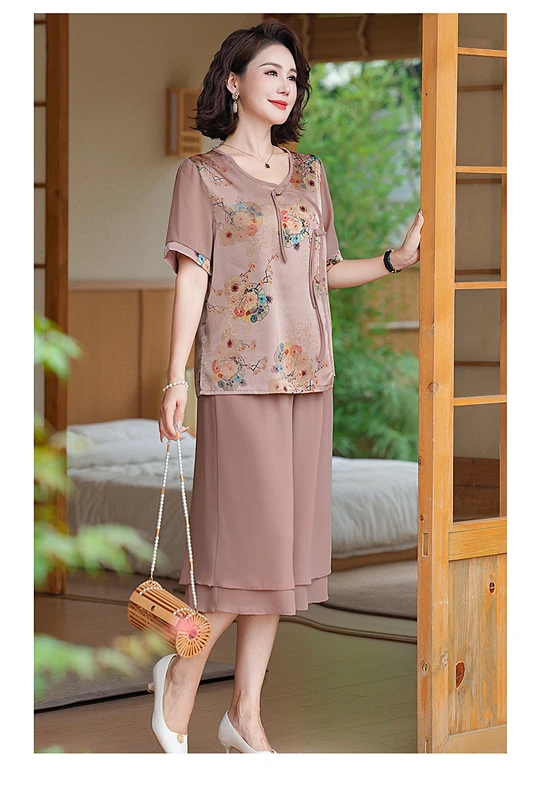 2025 Summer Chinese Chiffon Suit Set New Style Flower Printed Half Sleeve Elegant Blouse Loose Long Pants Chinese Set Wh13