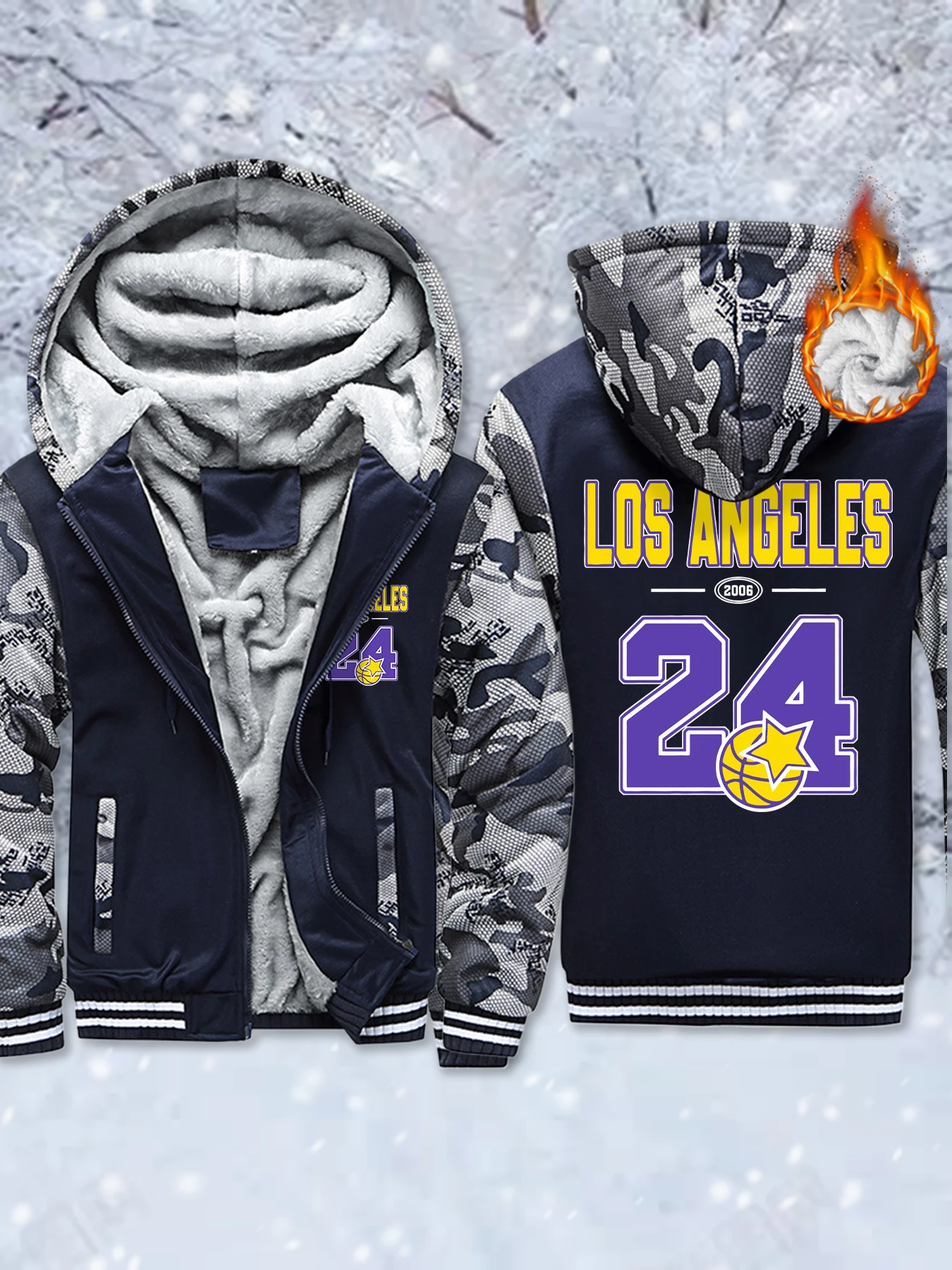 معطف رجالي بنمط جيرسي رقم 24 من لوس أنجلوس، سميك كاجوال بقلنسوة ناعم ودافئ وسحاب، ملابس شتوية خارجية من الصوف #2