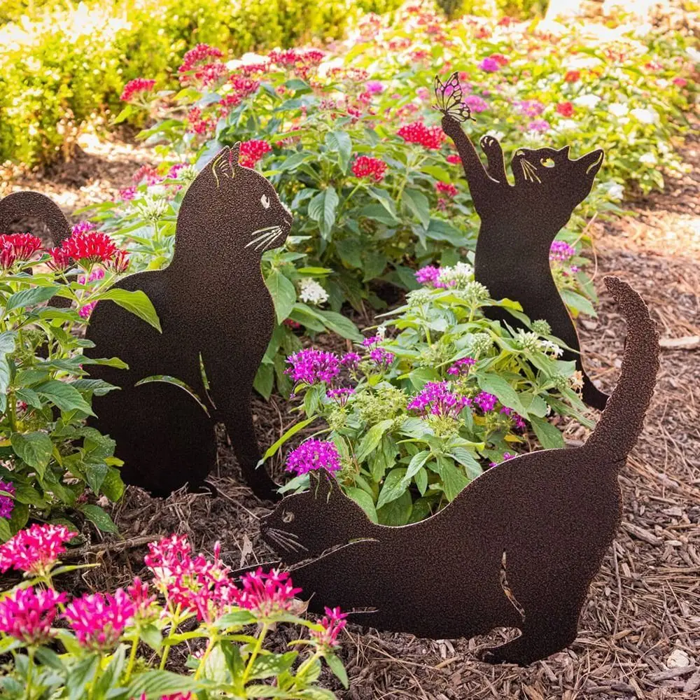 New Iron Art Cat Metal Statues Black Ground Inserted Pile Garden Ornaments Outdoor Lawn Decoration