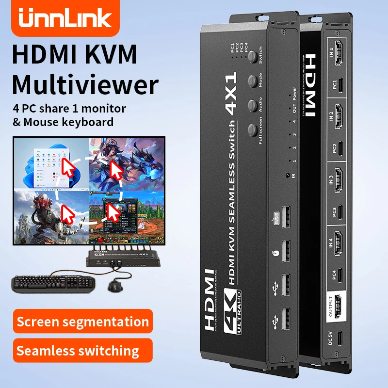 Unnlink 4K HDMI KVM Quad MultiViewer Seamless Switch 4 PC Sharing 1 monitor With 4 USB Mouse Keyboard Synchronous HotKey Control