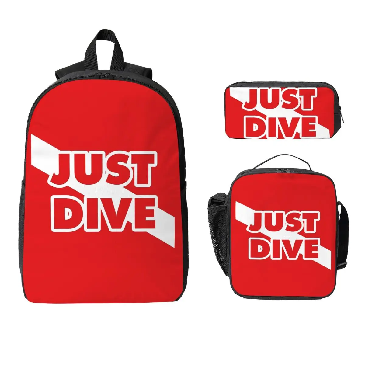 

Just Dive, Scuba Diving Flag Backpack Boys Girls BookBag School Bag Computer Shoulder Bags 3ps Insulated Lunch Bag Pencil Case