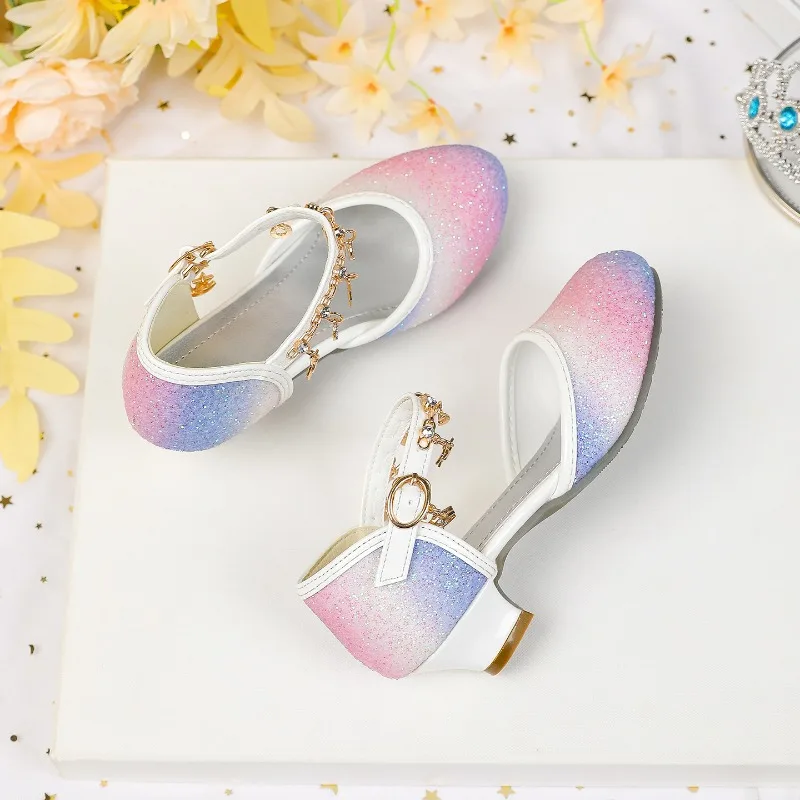 Girls' Princess Sandals 2026 New Sparkling Beautiful Star Pendant Fashion High Heels Leather Shoes Dress Performance Shoes