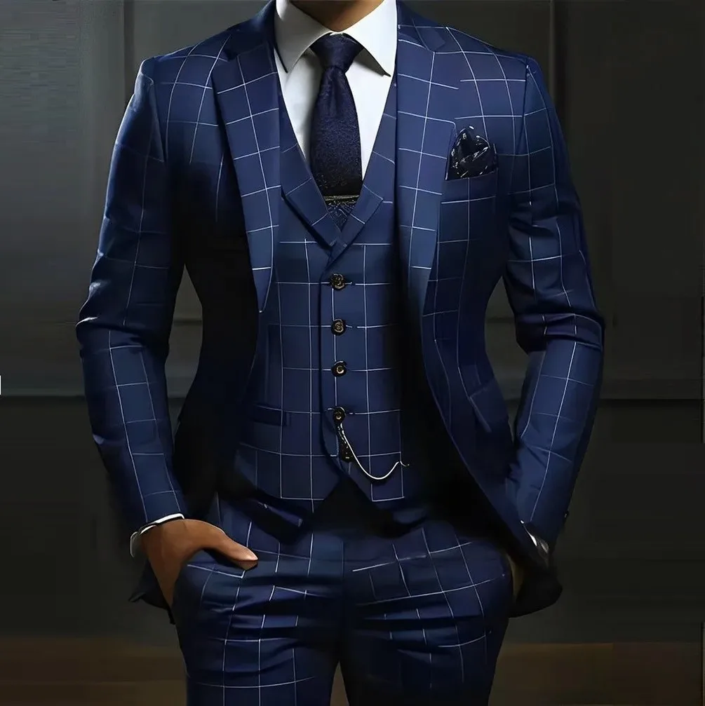 

Мужской костюм темно-синий в клетку, для жениха, свидетеля, свадьбы, торжественных мероприятий, деловой встречи, выпускного вечера, смокинг, комплект из 3 предметов: пиджак, жилет, брюки