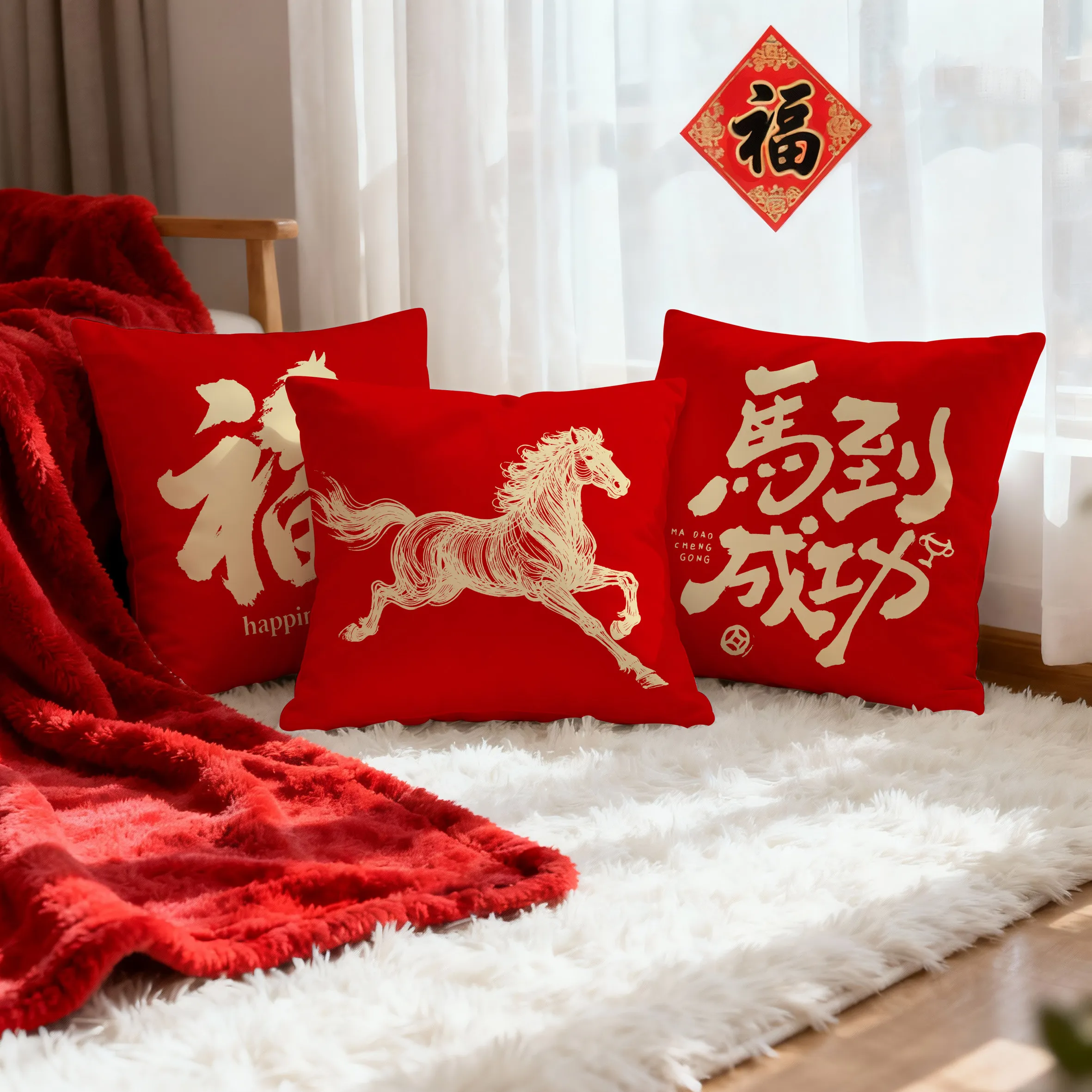 VIKAMA Chinese Style Running Horse Throw Pillow Festive Red & Gold Pattern Lucky Prosperity Home Decor for Living Room Bedroom