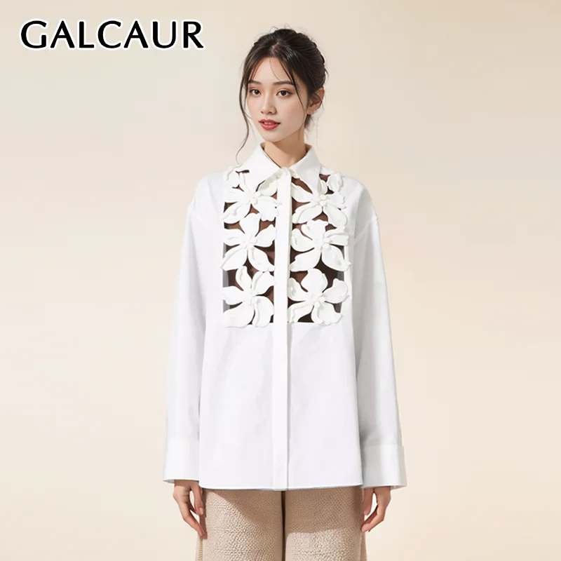 GALCAUR Minimalist Spliced Appliques Shirts For Women Lapel Long Sleeve Hollow Out Embroidery Fashion Loose Blouse Female New