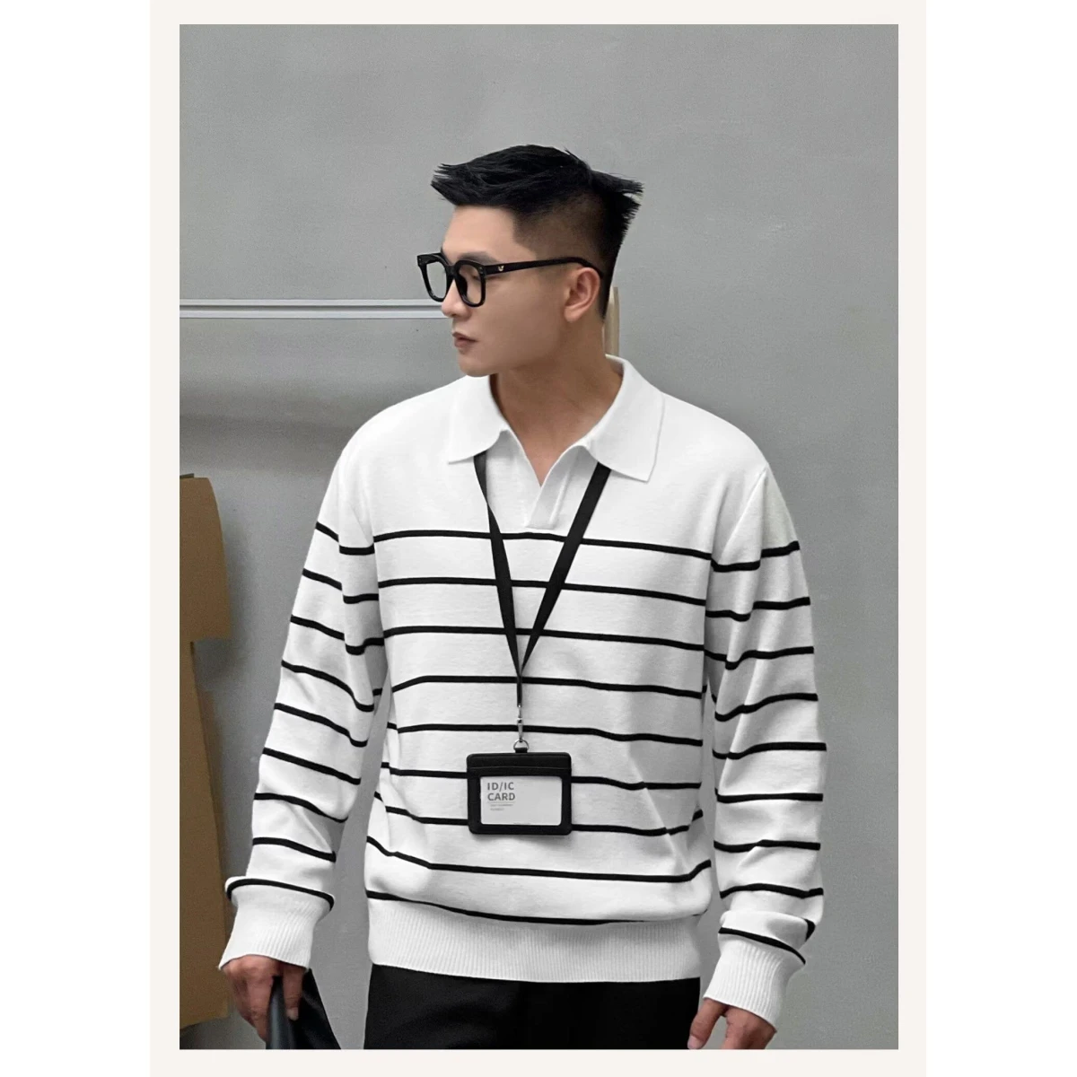 

Ретро Bla, белый полосатый воротник, длинный све, мужской трикотаж, повседневный, универсальный, осенне-зимний, модный, из полиэфирного волокна