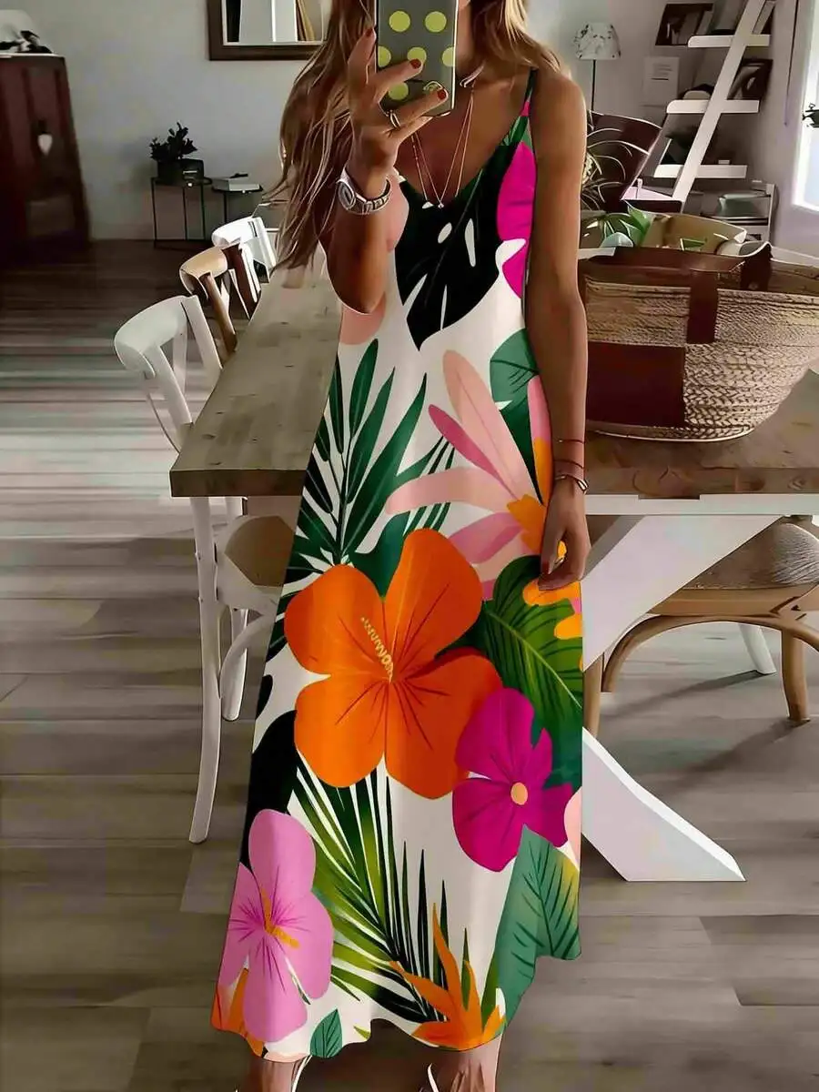 

Tropical Floral Print Maxi Dress With Thin Straps Backless For Women Summer Beach Casual