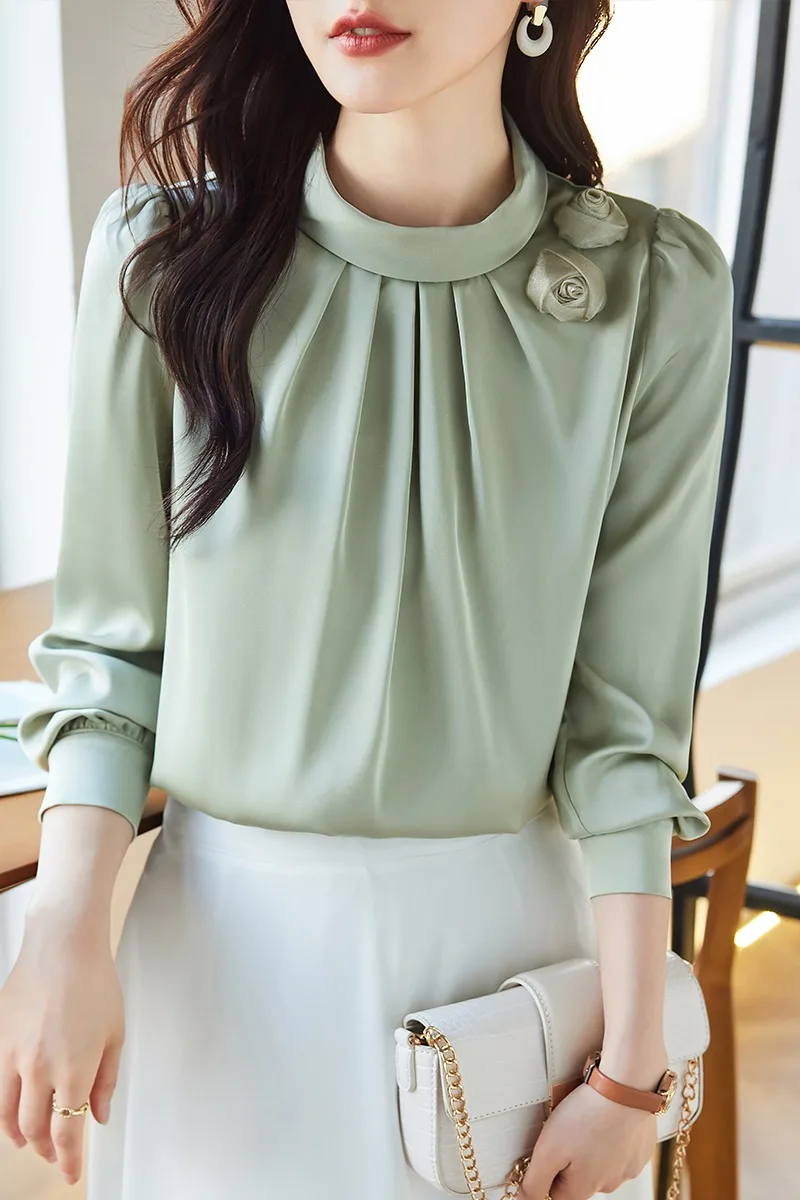 Chemisiers Vintage pour femmes, couleur unie, chemises décontractées, mode ample, vêtements coréens d'été, manches longues, col rond, hauts en mousseline de soie pour femmes